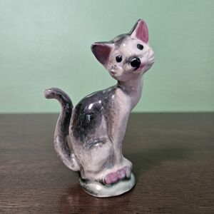 Vintage Gray and Pink Ceramic Cat Figurine